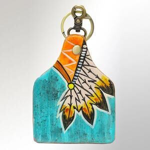 Hand-Painted Leather Keyring - Native Feather Design in Turquoise & Orange